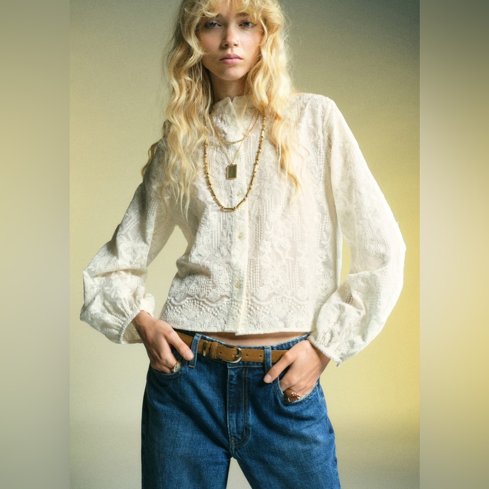 NWT MANGO Embroidered Lyocell Blouse in Ecru